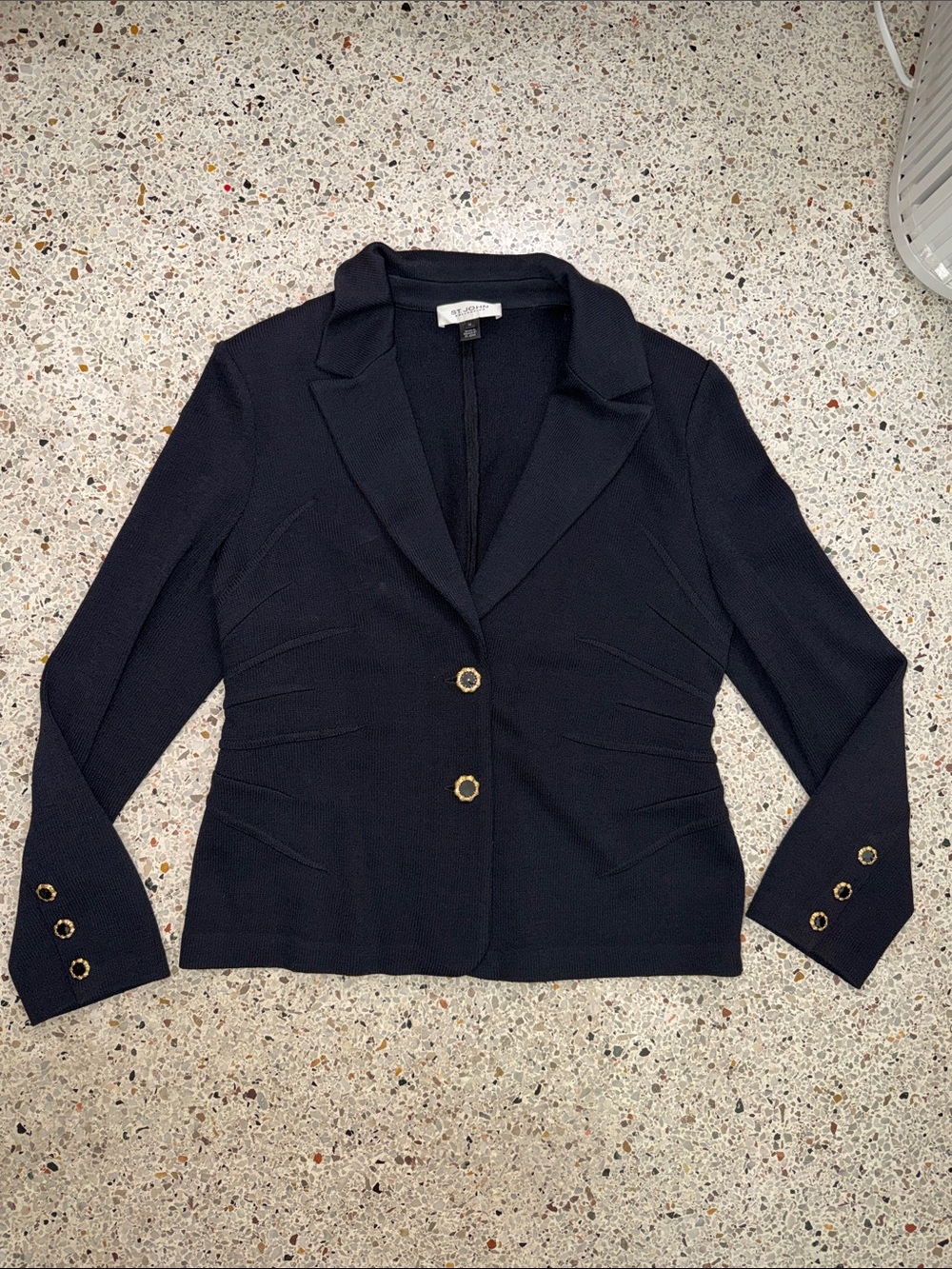 St John Collection black knit blazer jacket gold bamboo buttons 14